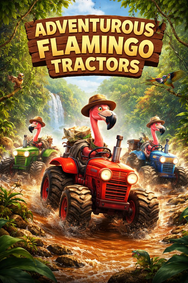 Adventurous Flamingoes on Tractors in a jungle scene